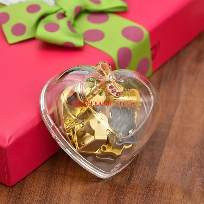  Hand Windup Metal Movement Octave Box Music Box with Transparent Acrylic Heart