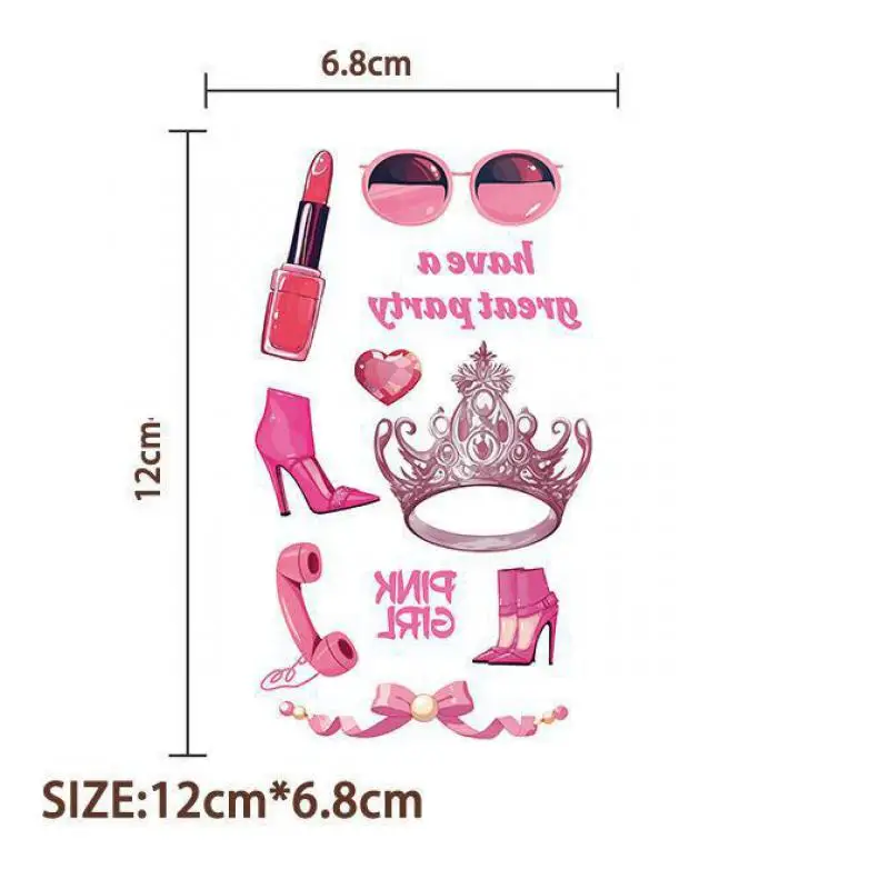 10Pcs/set Pink Girl Theme Party Temporary Tattoo Sticker Waterproof Pink Glasses Shoe Birthday Party Tattoo Sticker Decoration