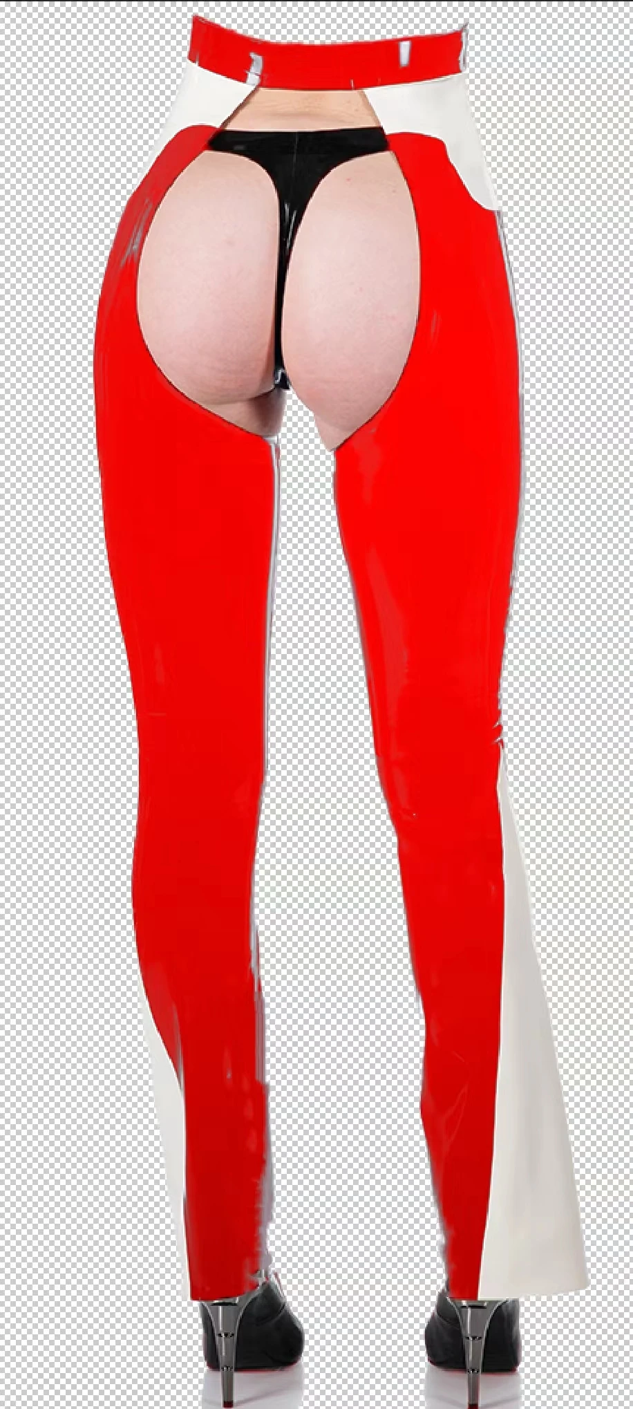 Natural Latex Female Jeans Leggings  latex woman  red and white color pants open front and back  rubber trousers without brief