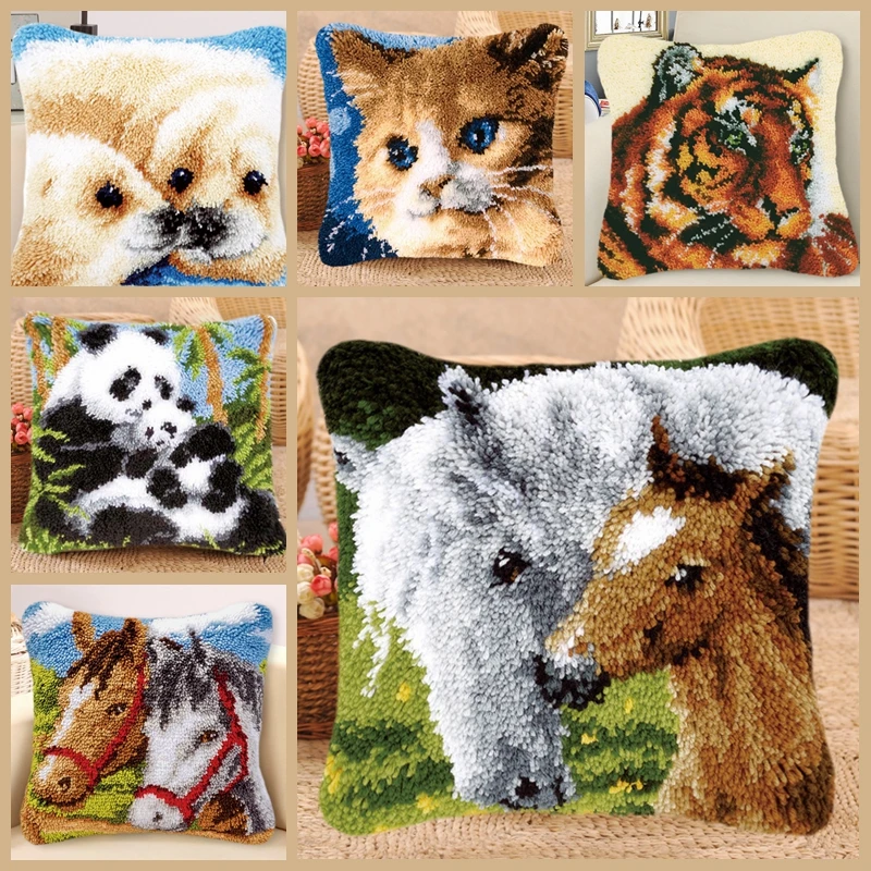 Latch Hook Kit Embroidery Cushion Pillowcase Knot Pillow Package Set For Needlework Horse Panda Cat Tiger Pattern Latch Hook Kit