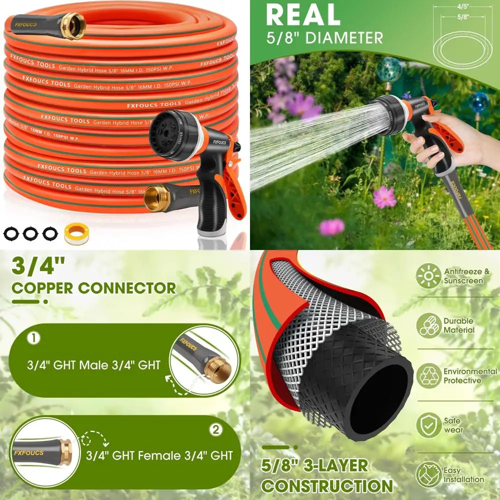 

Flexible 5/8 Inch Heavy Duty Garden Hose with 600 PSI Burst Pressure, Lightweight Hybrid, Swivel Handle, and Durable Copper
