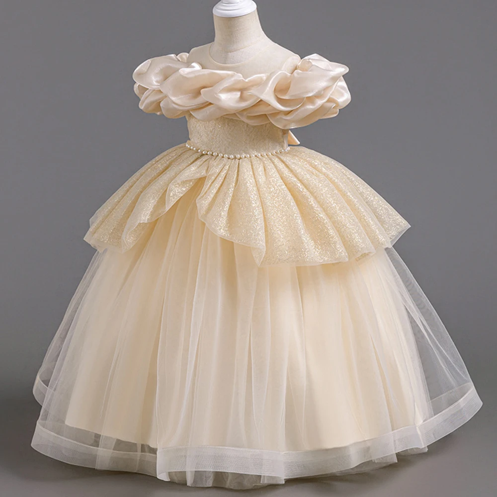 3-8T Solid Color Flower Girl Dress Cute Pleated Puff Off Shoulder Collar O-neck Gown Pearls Belt Bow Tiered Birthday Party Dress