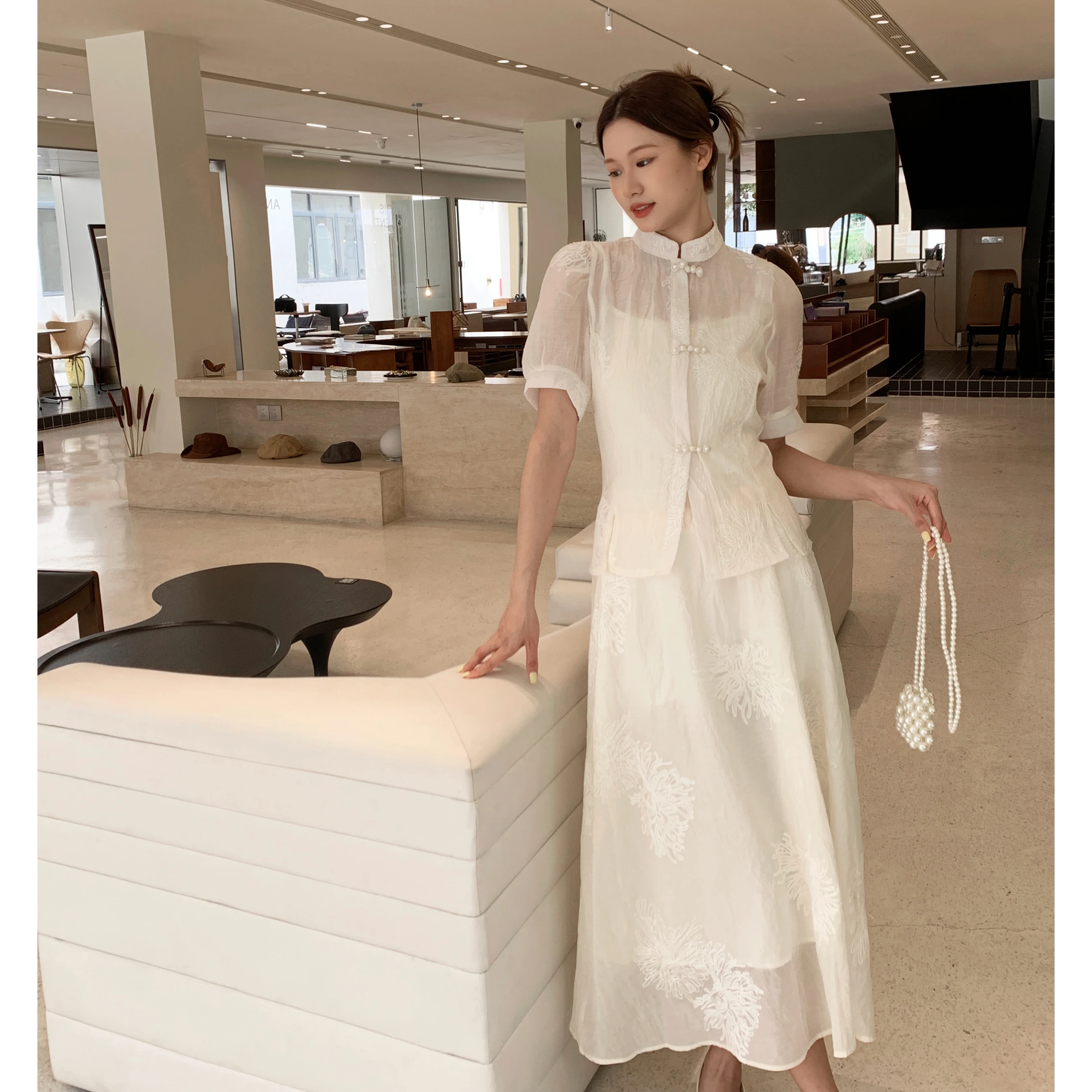 Embroidery Set Skirt Female Spring/summer National Style Standing Collar Button Top + Suspenders + High-waist Skirt Three-piece