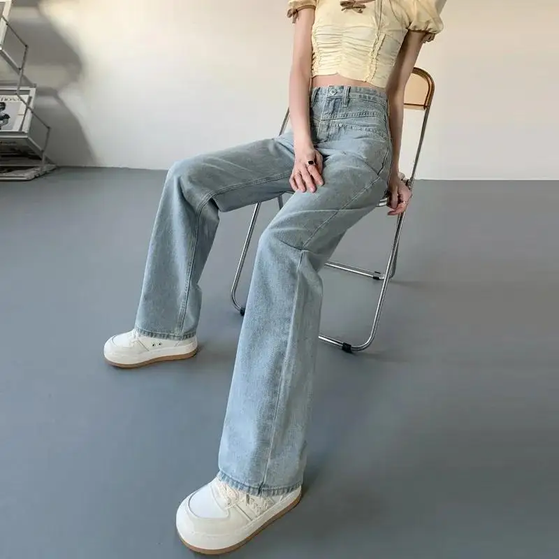 2024 High Waisted Jeans Women New Button Full Length Wide Leg Denim Pants Fashion Vintage Y2K Light Blue Loose Trousers