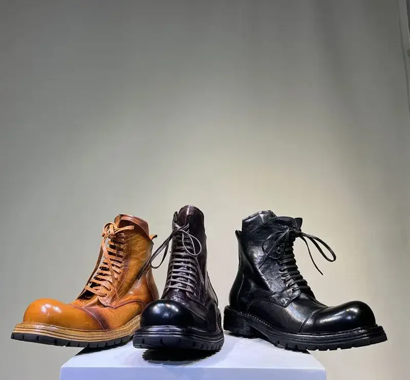 Men\'s Leather Thick Soles Lace-up Mid-barrel Heightening Recreational Heavy Industry Wash Motorcycle Boots for Men