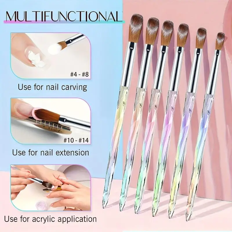 6Pcs Acrylic Nail Brush Set, Professional Nail Brushes For Acrylic Application Acrylic Powder Nail Extension And 3D Nail Carving