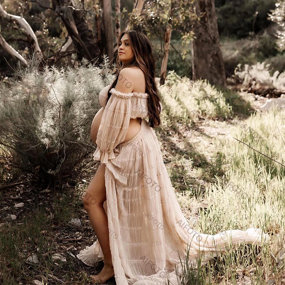 Vestido largo de gasa de tul para mujer embarazada, traje Sexy de dos piezas, estilo bohemio, para fotografía de maternidad