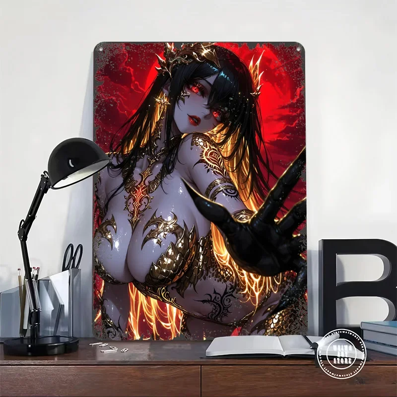 Demon Woman With Golden Armor Poster Customized Wall Art Vintage Metal Signs Retro Tin Plaque for Man Cave Bedroom Decoration