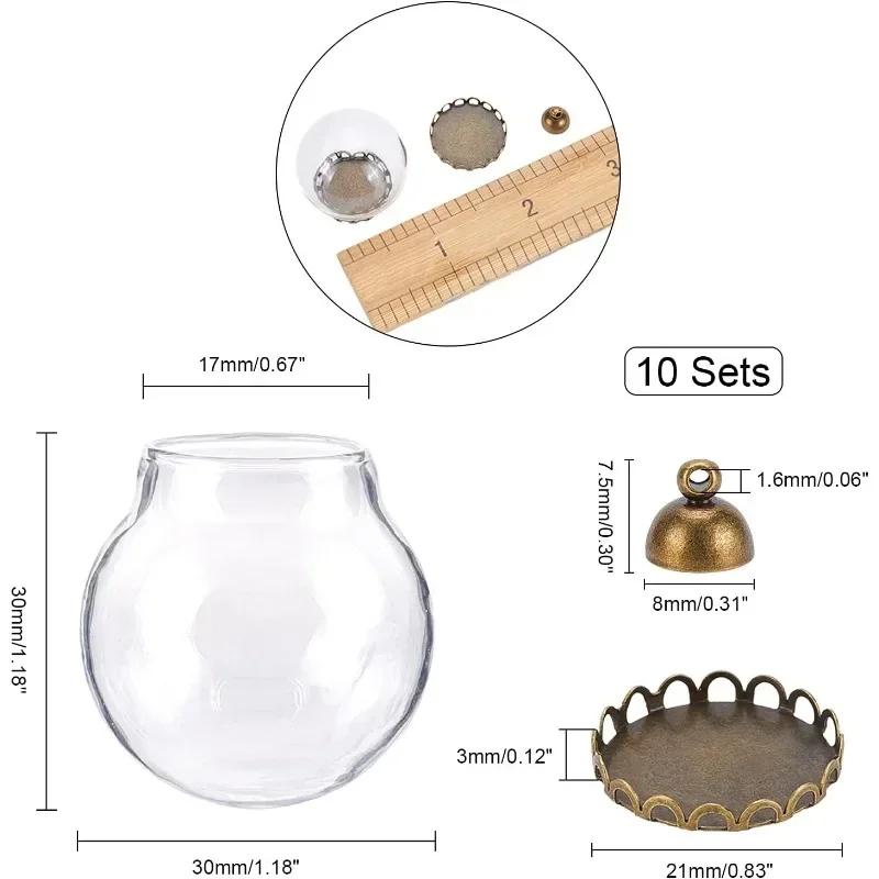 10 Sets Round Glass Globe with Base and Cap 30mm Mini Cute Glass Wishing Bottle Glass Vial Pendant Charms Miniature Snow Ball