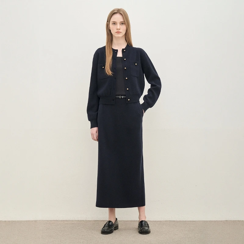 

Ele round Ne Вязаный открытый кардиган с высокой талией Тонкая прямая трикотажная юбка Чистый цвет Оригинальный дизайн Длинный свеч W...