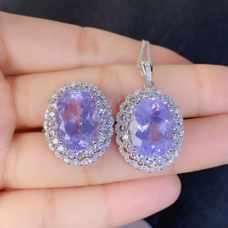 Fine Jewelry Natural Amethyst 925 Sterling Silver Popular Girl New Pendant Necklace Ring Set Support Test with Box