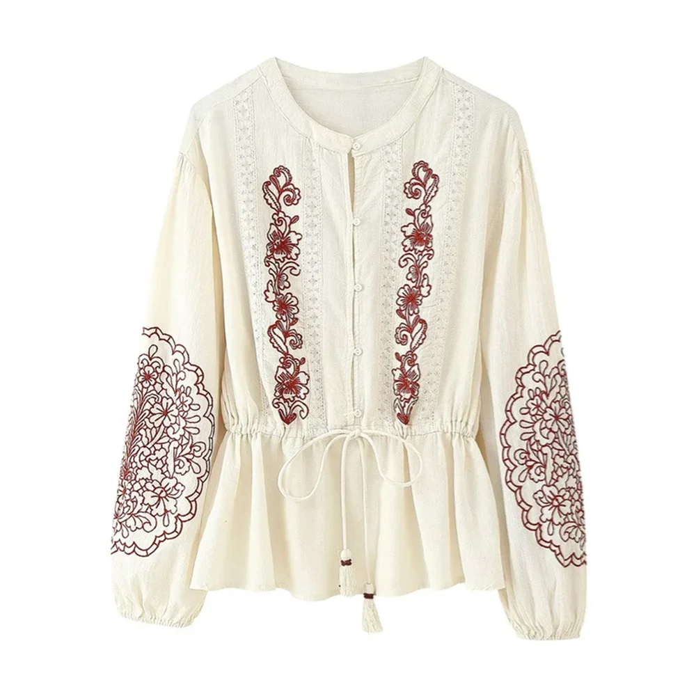 

LIBIELIY Women's Lace Embroidered Shirt Round Neck Buckle Decoration Spring/Summer New Product Casual Women's Wear