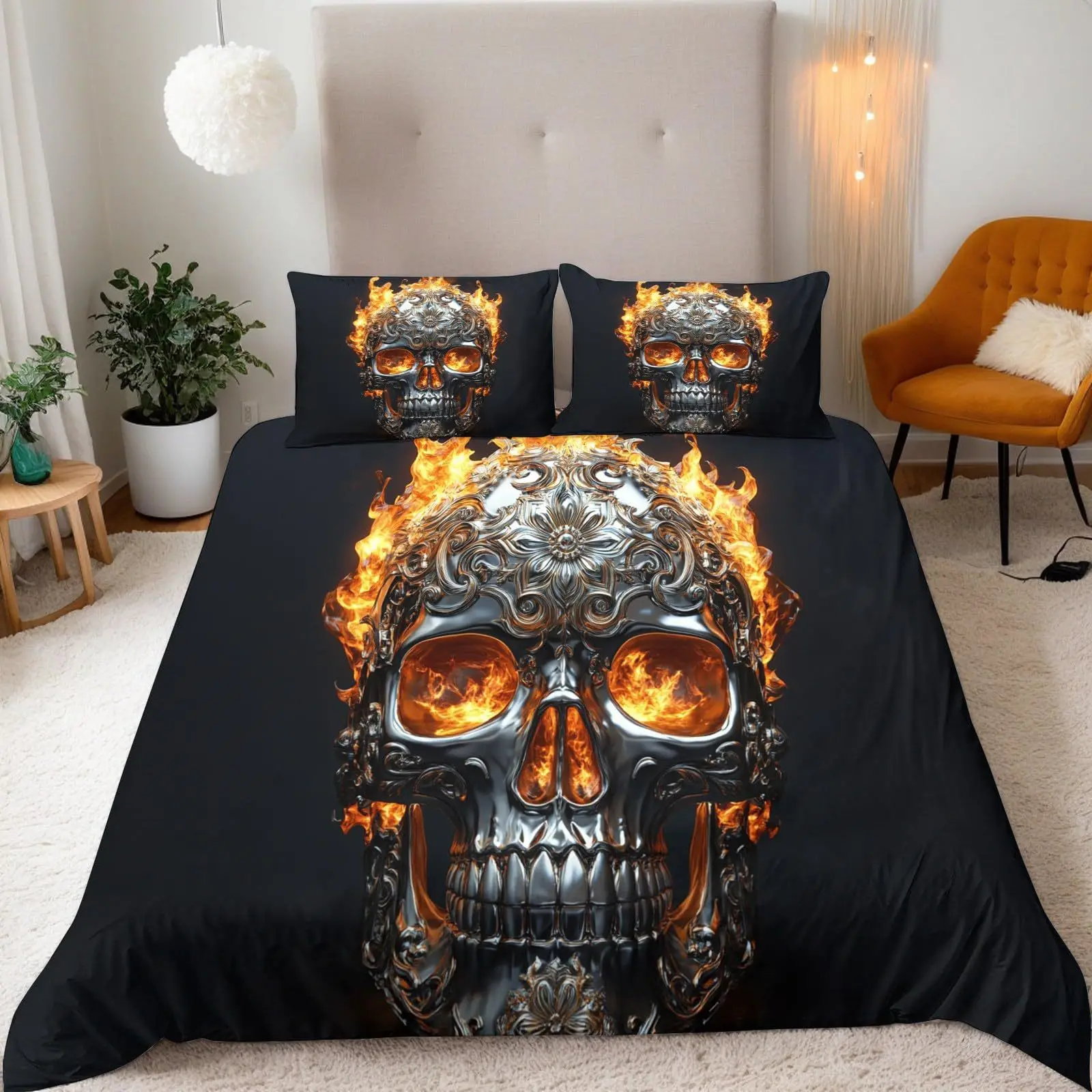 

3D printing Flame Skull Duvet Cover Set Halloween Skull Bedding sets Soft Quilt Cover and Pillowcases for Teens Single/Double