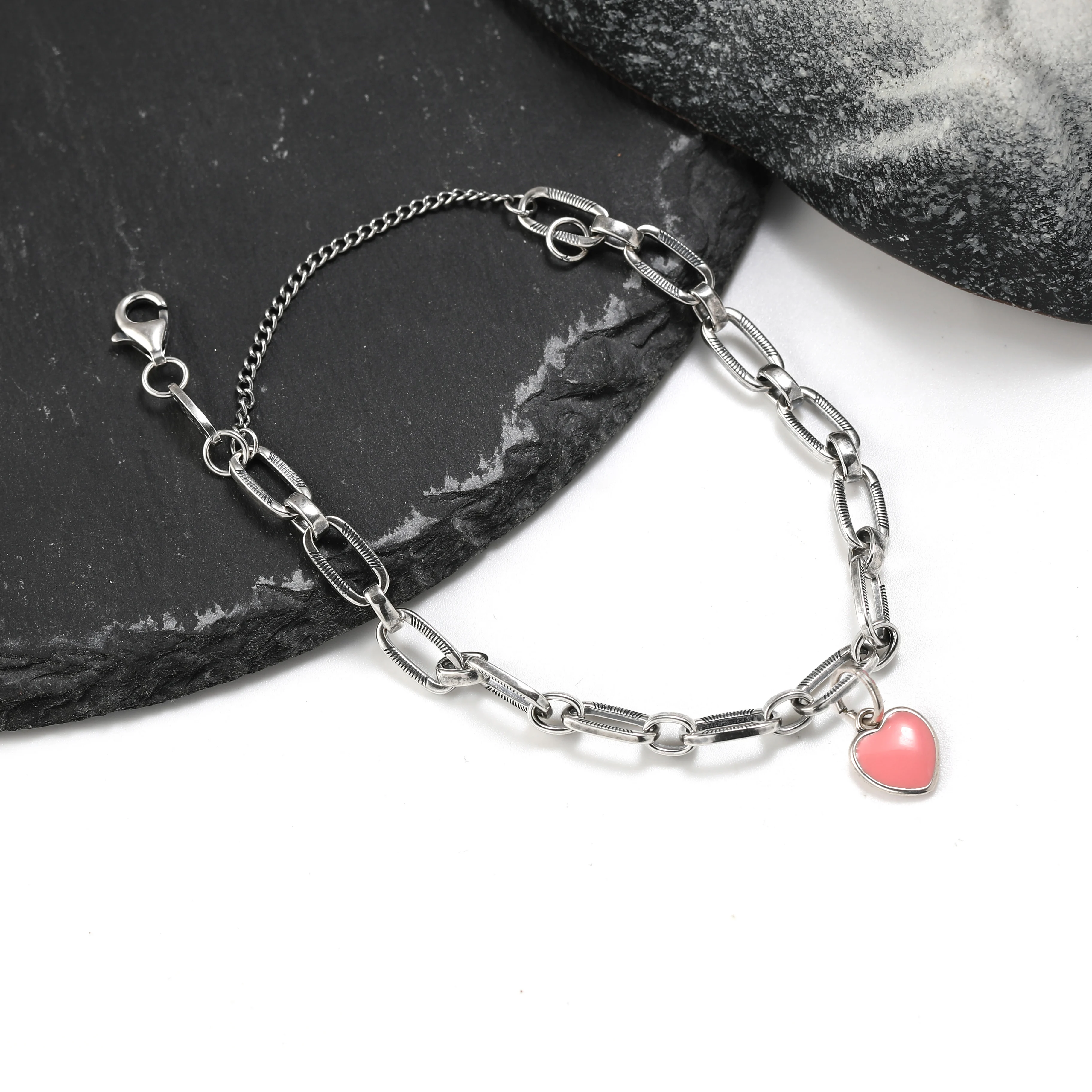 

Authentic 925 sterling silver James Avery Ornate Links Charm Bracelet paired with Enamel connected heart pendant
