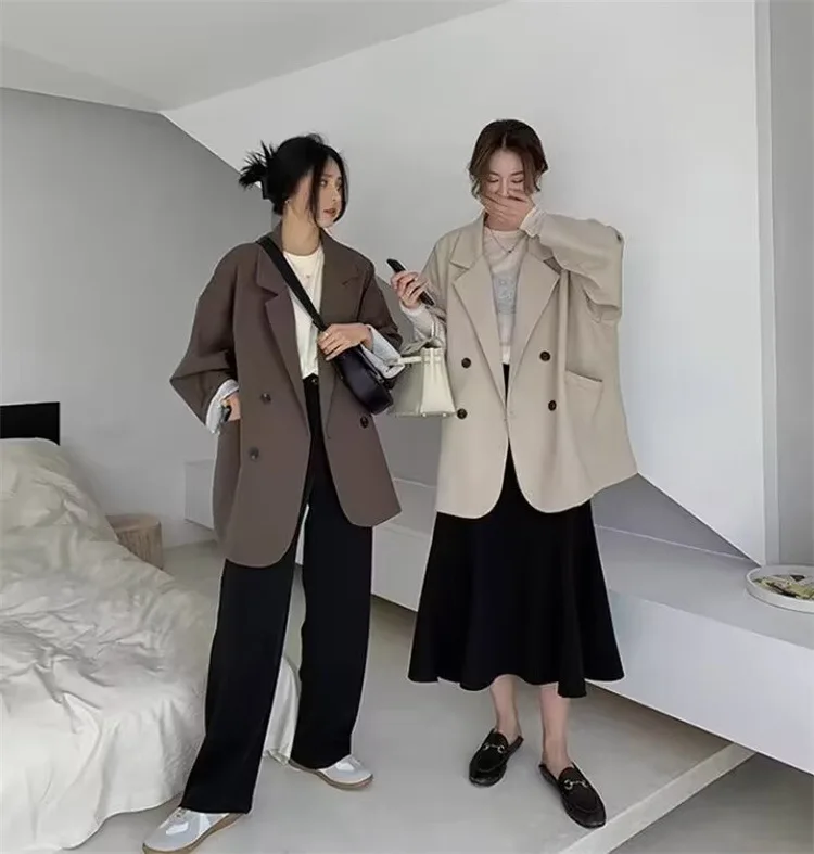 أزياء المرأة مع جيوب الصلبة مزدوجة الصدر السترة خمر طويلة الأكمام محززة الرقبة الإناث مكتب سيدة وتتسابق