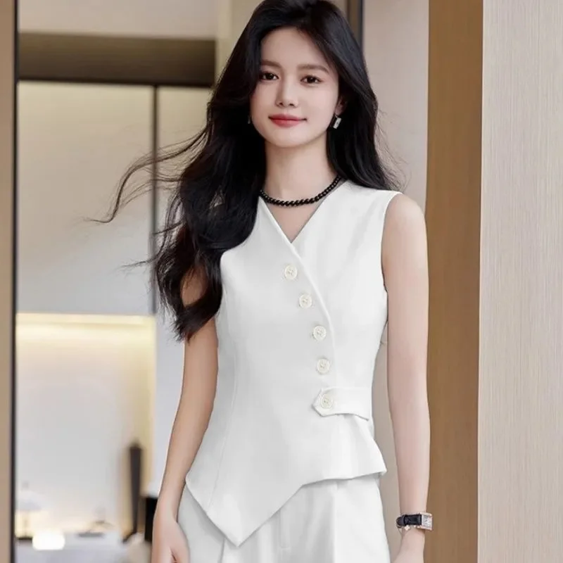 Fashion Commuter Advanced Exquisite Oblique Button Sleeveless Suit Vest Coat Spring and Summer V-neck Sleeveless Vest Coat New