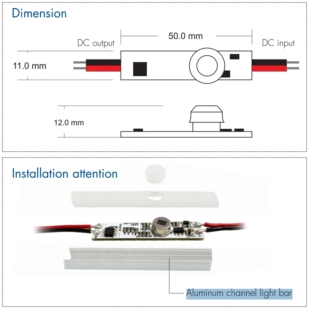 PIR 모션 활성화 센서 라이트 스위치 E1-R, 알루미늄 채널 설치, 단색 LED 라이트 스트립용, DC12V, 24V, 30S off 