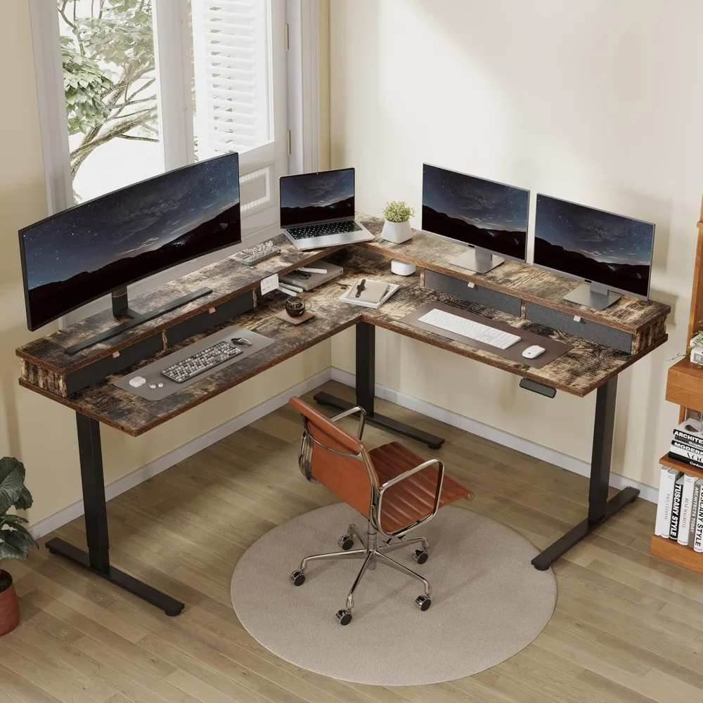 

71'' L Shaped Standing Desk Electric Corner Table with Shelf, 4 Storage Drawers, Adjustable Computer Workstation for Home