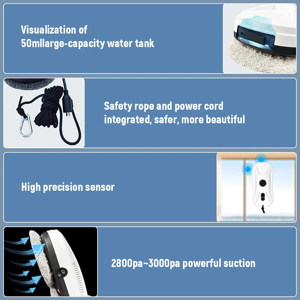 2700Pa Haushalts-Roboterstaubsauger Fensterreinigungsroboter Elektrischer Glasreiniger mit Automatischer Wassersprühfunktion und Fernbedienung für Zuhause – Detail 7