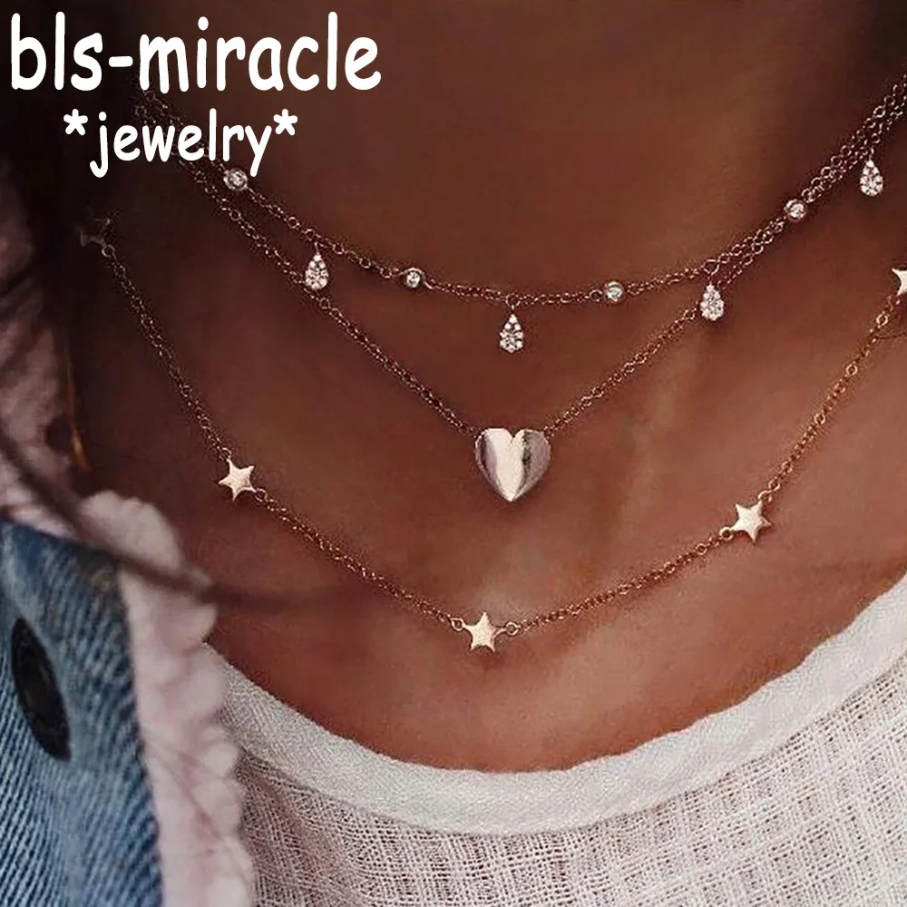 New Boho Gold-plate Color Heart Star Necklace For Women Choker Minimalist Crystal Beads Chain Multi Layered Necklaces Jewelry