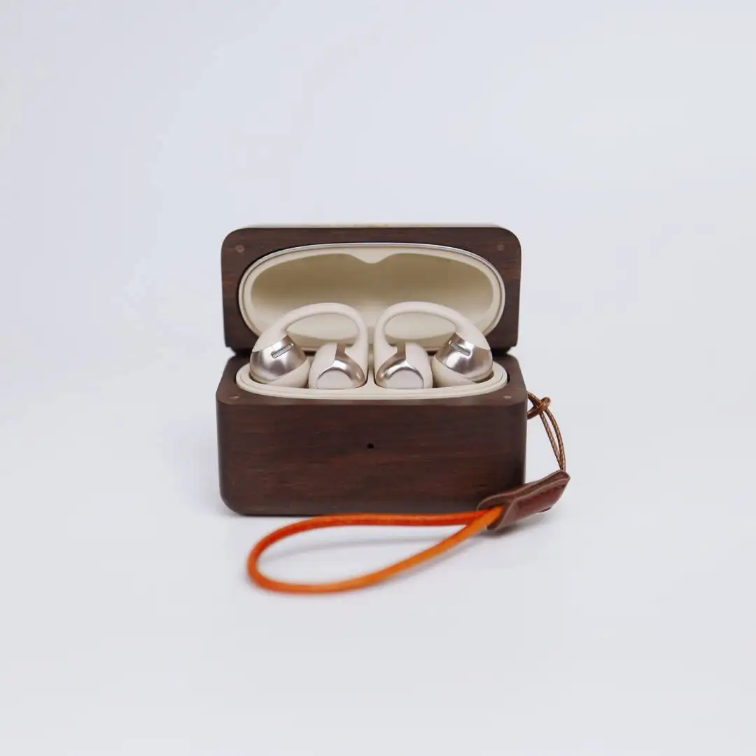 For Shokz OpenDots ONE E310 / OpenDots 2 E320 Ebony Wood Earbuds Case Full Cover Split Protective Case with Leather Lanyard