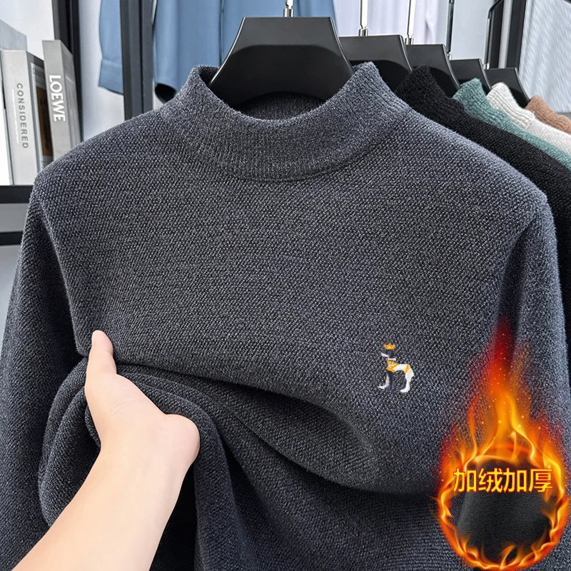 Sweater Men's Winter New Style with Added Velvet, Thick Insulation, Middle-aged Round Neck Top, Casual Knitted Base Sweater