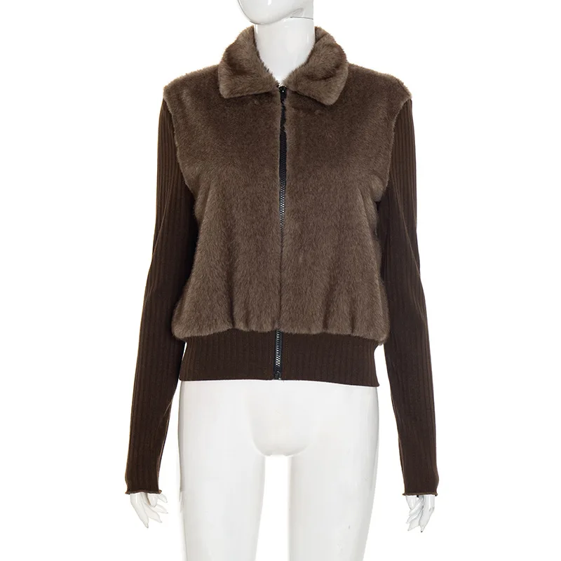 

2025 New Autumn/Winter Style Splicing Collar Zipper Warm Fur Coat