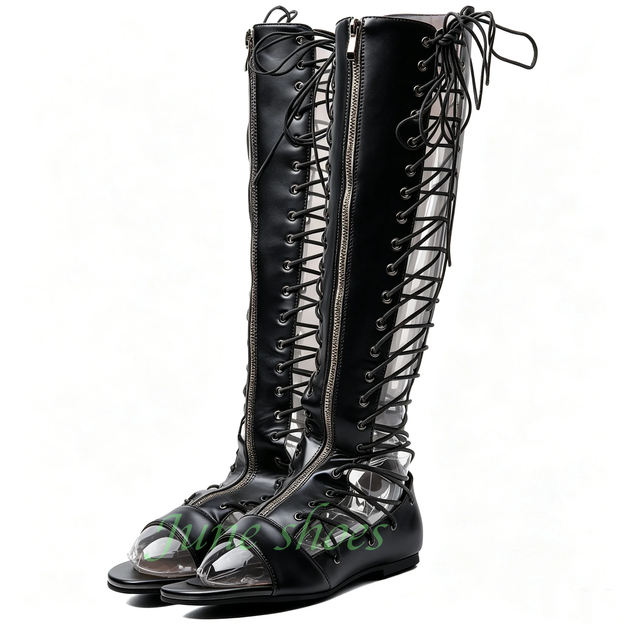 Square Toe Flat Knee High Gladiator Boots Metallic Faux Pu Back Lace-Up Side Zipper Open Toe Cutout Women Summer Sandal Boots 46