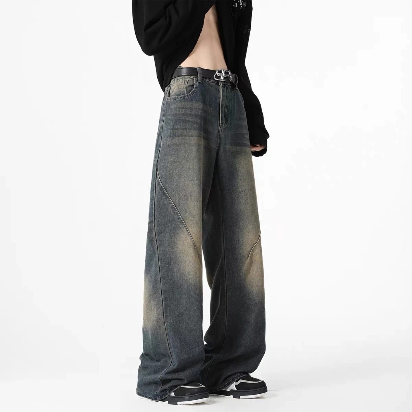 

Rip And Repair Denim Jeans Men's Spring Cleanfit American Straight Leg Micro Flared Loose Washed out Wide Leg Long Pants