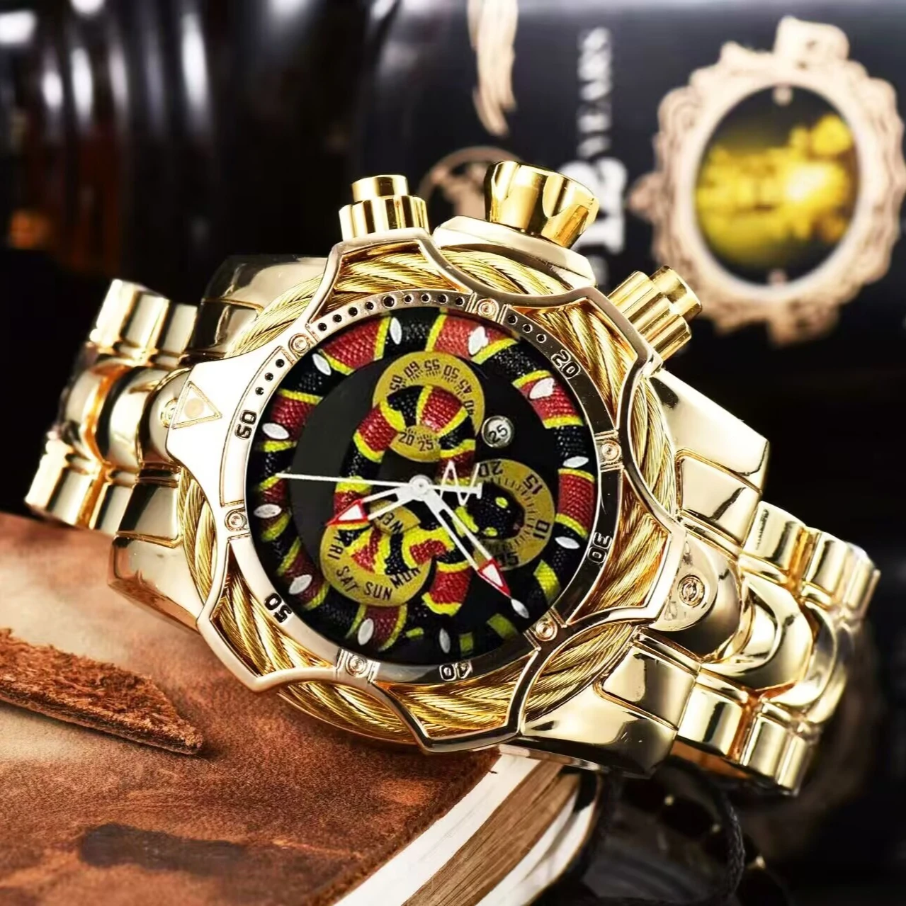 Fashion Popular Reptiles Series Pet Snake Large Dial Mens Quartz Watch Luminous Pointer Auto-date Steel Strap Wristwatch
