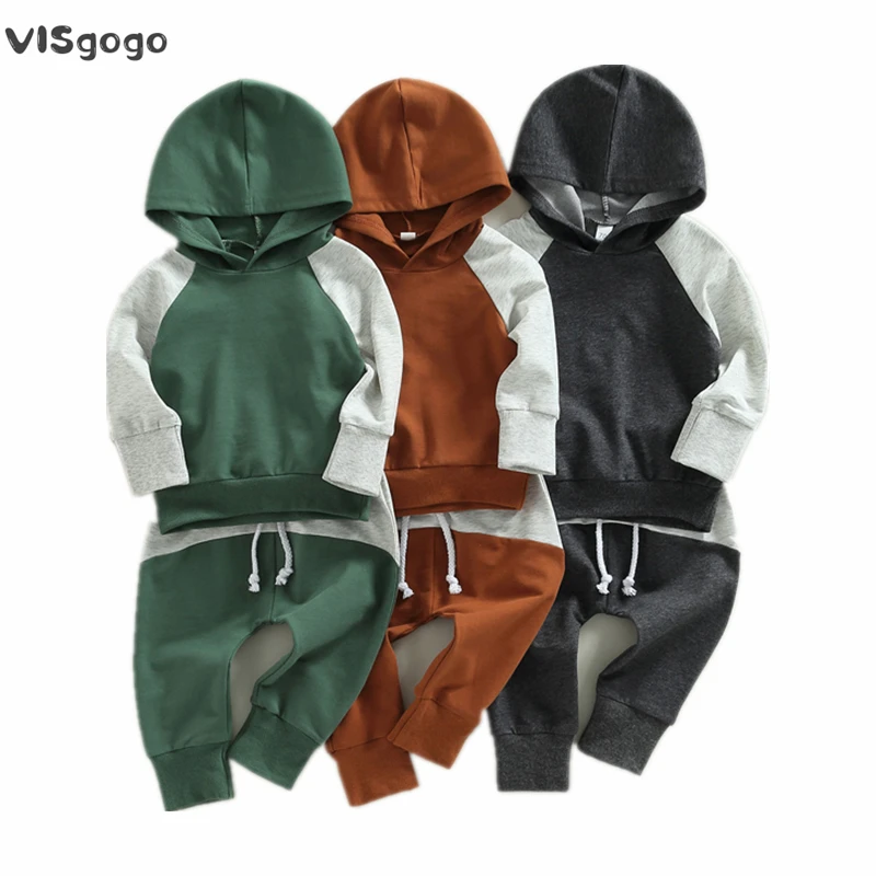 

VISgogo Toddler Boys Spring Autumn Outfit Long Sleeve Contrast Color Hoodie Tops + Drawstring Jogger Pants Casual Tracksuit Sets