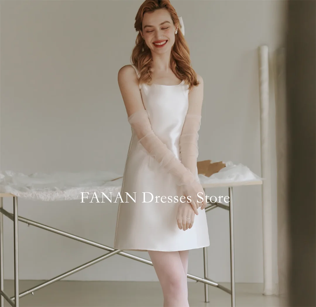 

FANAN Korea U-Neck Simple Ivory Wedding Dresses 웨딩드레스 Ruched Customized Silk Satin Mini Zipped Bride Gowns Plus Size