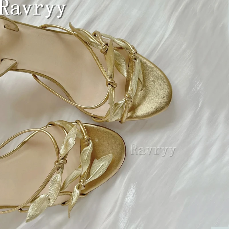 Gold Petal Leaf Genuine Leather Sandals Open Toe High Heel Back Strap Women Shoes Luxury Party Stiletto Sandal