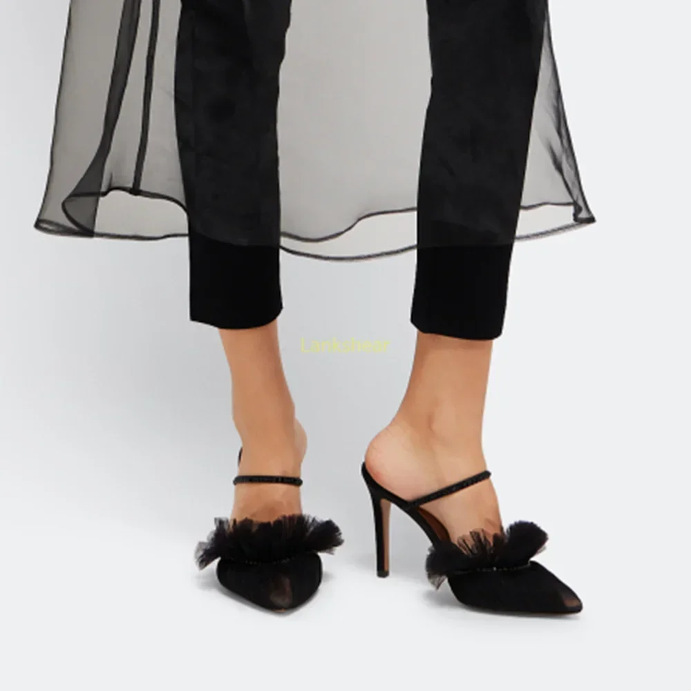 كريستال تول البغال مثير أشار تو كعب رقيقة الصلبة الانزلاق على Slingback الكاحل الاعوجاج الوافدين الجدد موضة النساء الأحذية الحديثة