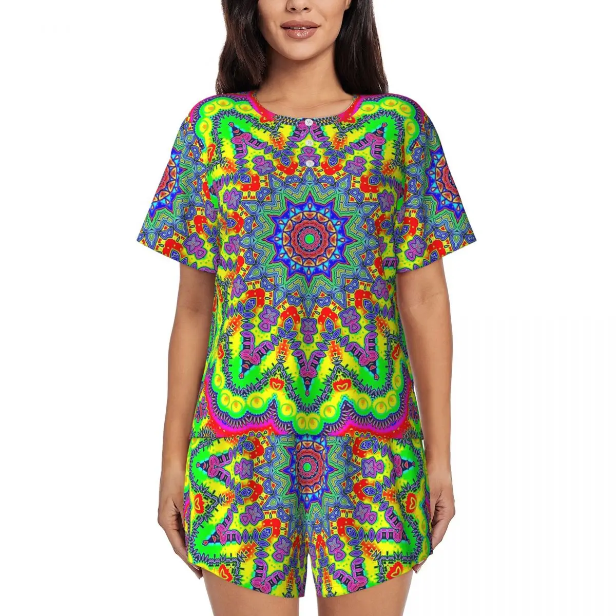 

Psychedelic Trippy Acid LSD Art Round Neck Short Sleeve Nightgowns for Sleeping Sleepshirts Women Loose Pajama Set Short Pants