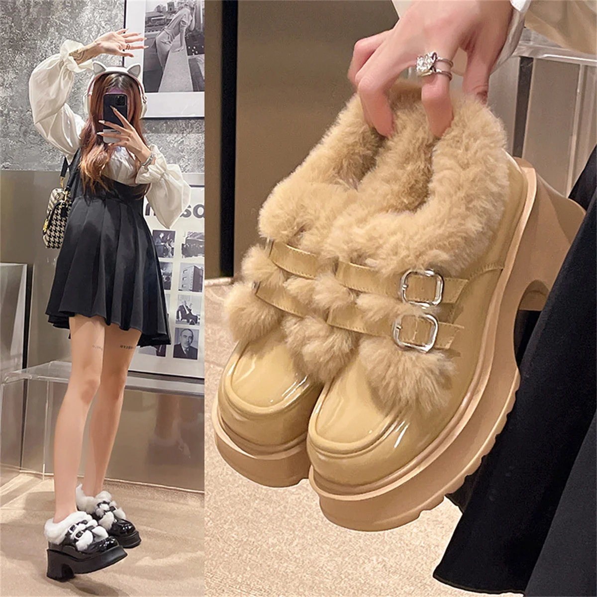 

Japanese Sweet Girls Shoes Cosplay Winter Fluffy Warm Solid Color Round Head Thick Bottom Fashion Soft College Leisure 6cm Shoes