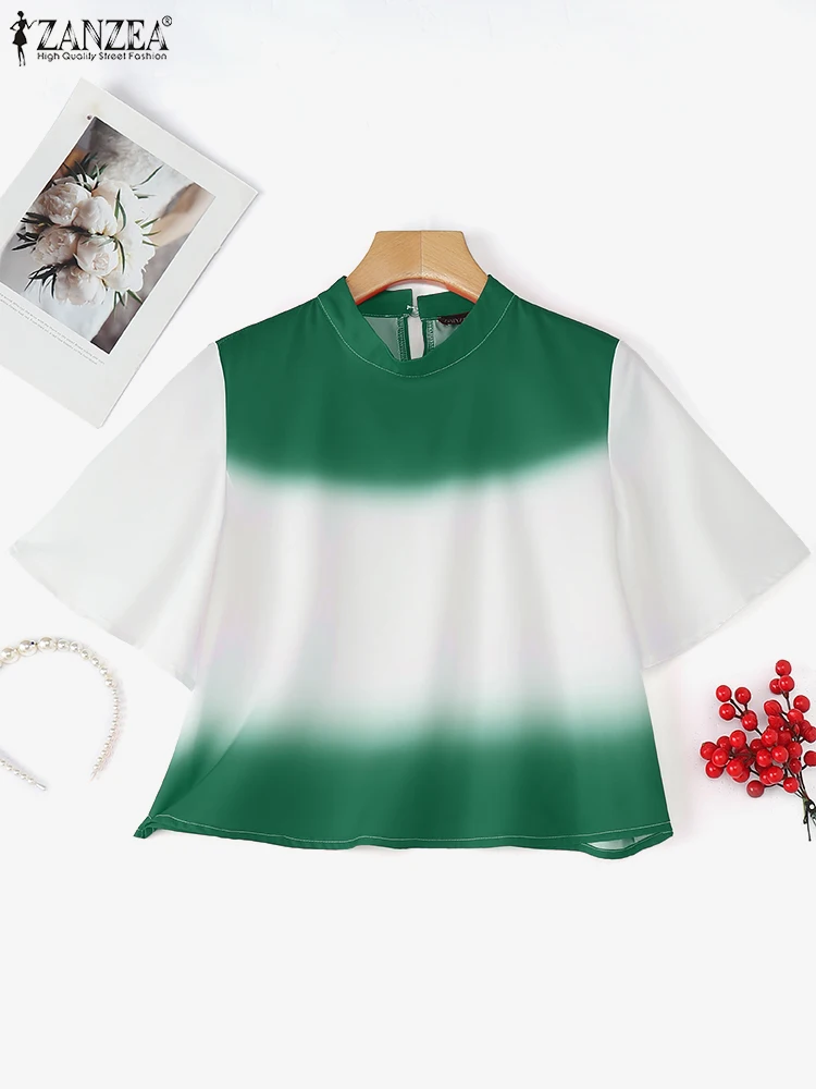 ZANZEA Casual Lose Bluse Frauen Farbe Patchwork Tunika O Neck Tops 2025, Sommer Mode Einfarbig Kurzarm Blusas Übergroßen