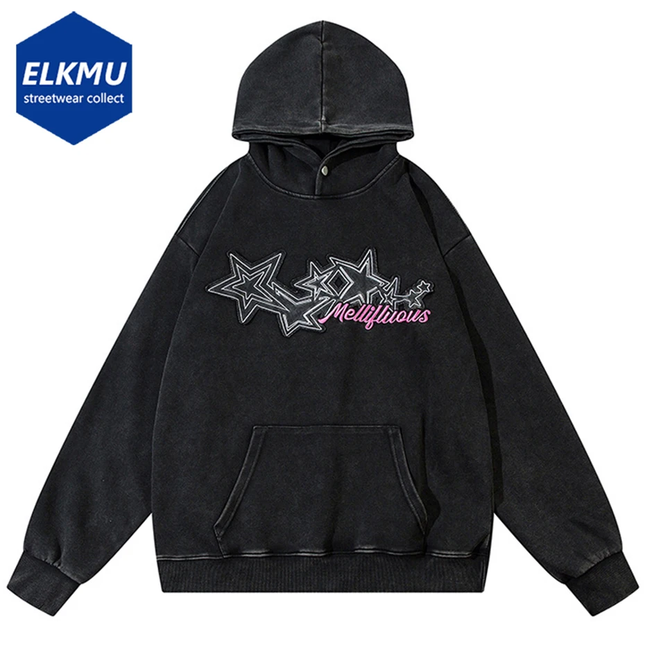 

Washed Black Hoodies Star Embroidery Splicing Pullover Sweatshirts Men's Streetwear Hip Hop Harajuku Oversized Hoodie Y2K 2024