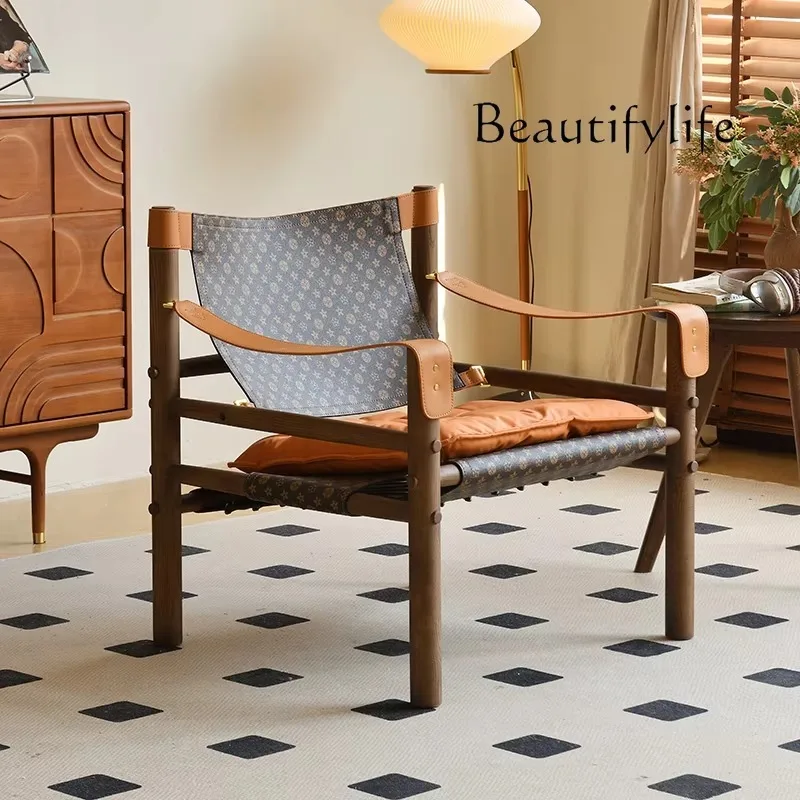X40 Solid Wood Medieval Style Saddle Leather Designer Sofa Retro Hunting Chair Printed Homestay Single Leisure Chair