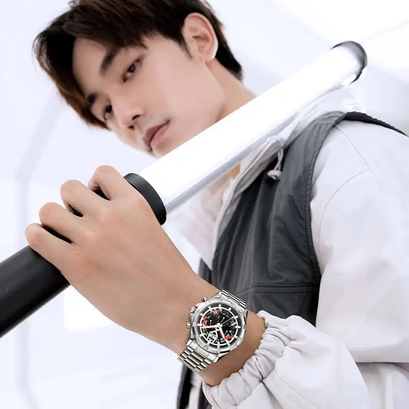 นาฬิกาข้อมือแฟชั่นมัลติฟังก์ชั่นแบบลำลองสำหรับผู้ชายนาฬิกาควอทซ์สแตนเลสหรูหรา