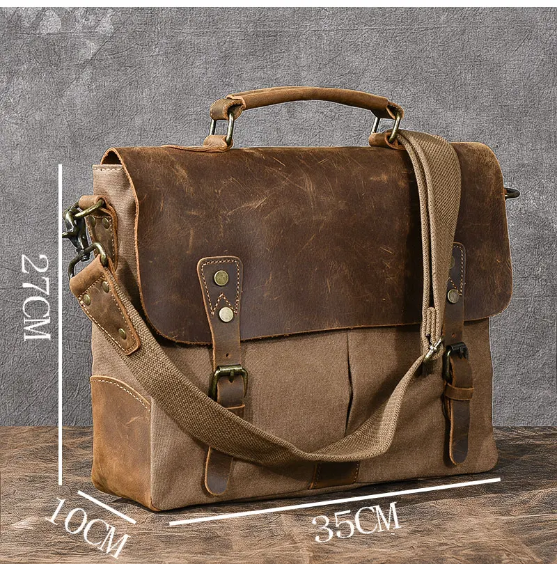 Bolso de hombro para hombre, bolsa de mensajero para ordenador portátil, Estilo Vintage británico, costura de lona, cuero de Caballo Loco suave