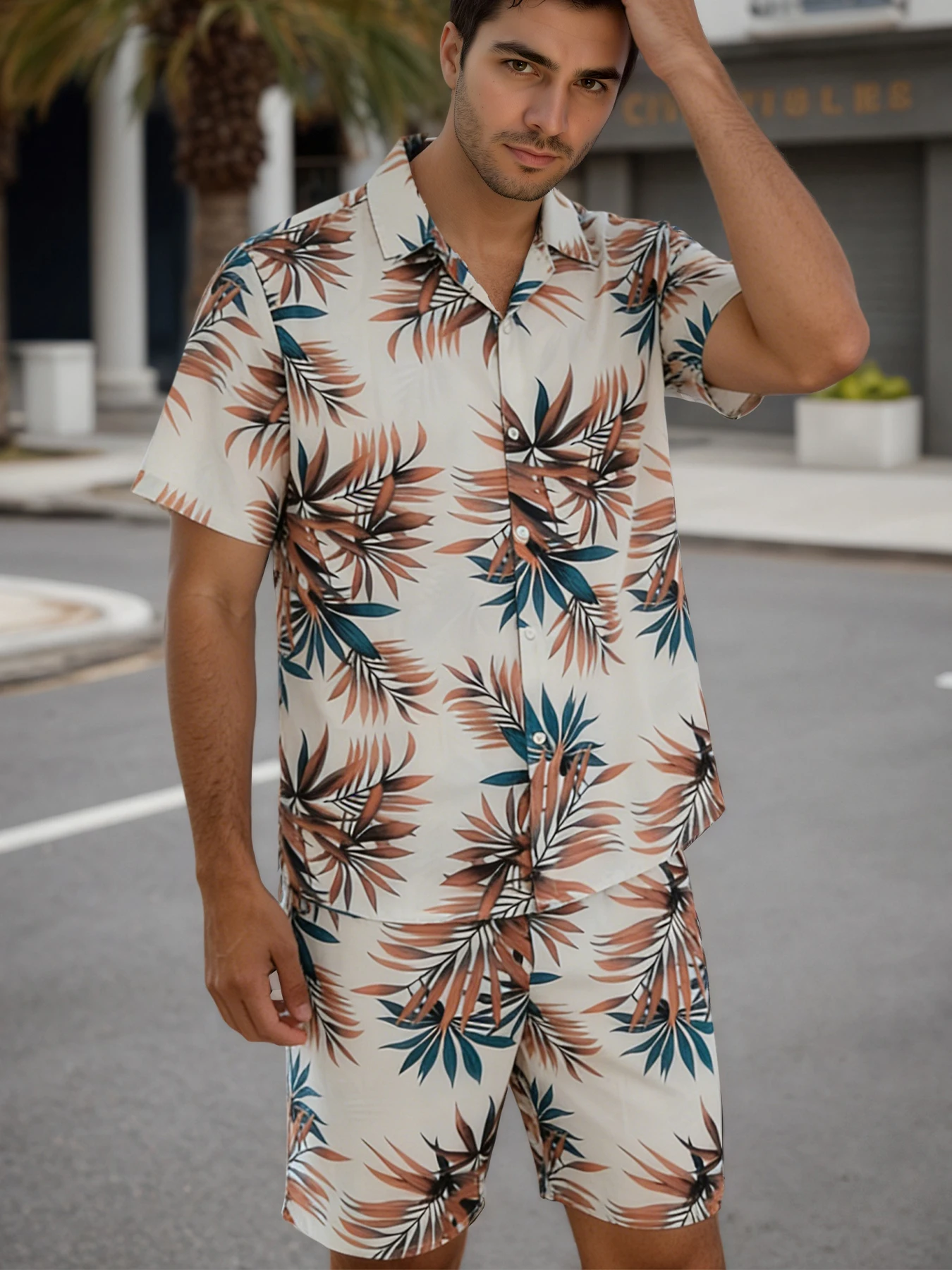 

Men Summer Pajama Sets Tropical Plant Printed Short Sleeve Shirt and Shorts Set Sleepwear Cozy Outfits Vacation Lounge Wear Set