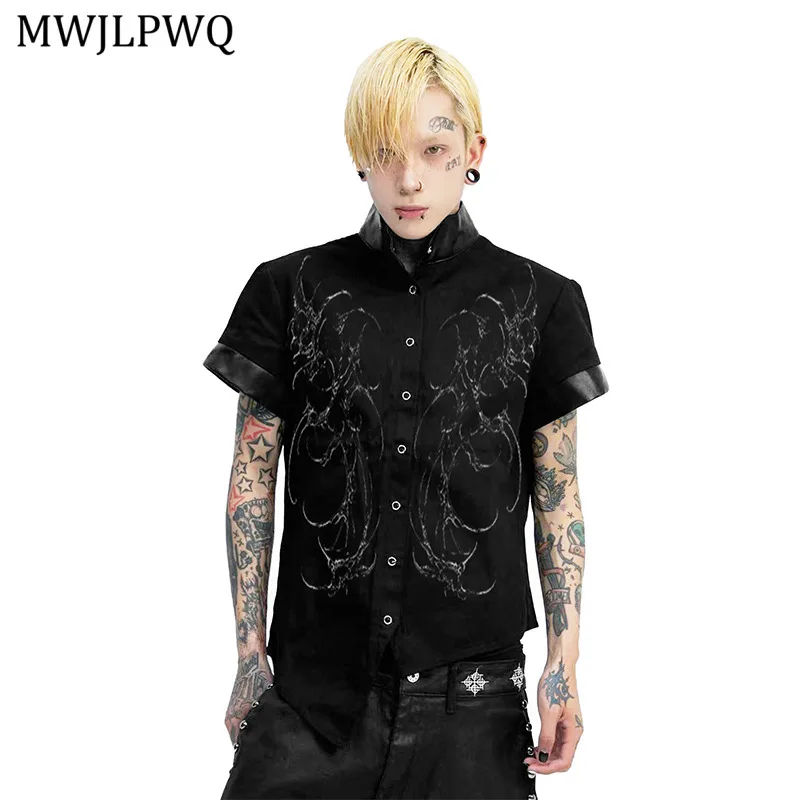 

MWJLPWQ Темные нишевые лоскутные рубашки Slim Fit с уникальным дизайном для мужчин High Street Воротник-стойка с коротким рукавом Женские топы в стиле хип-хоп 11360