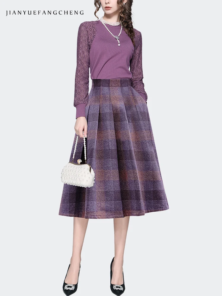 Women Autumn Wool-like Knitted Purple Plaid Skirt High Waist A-Line Pleated Mid-length Skirts With Pockets Fashion Casual Bottom