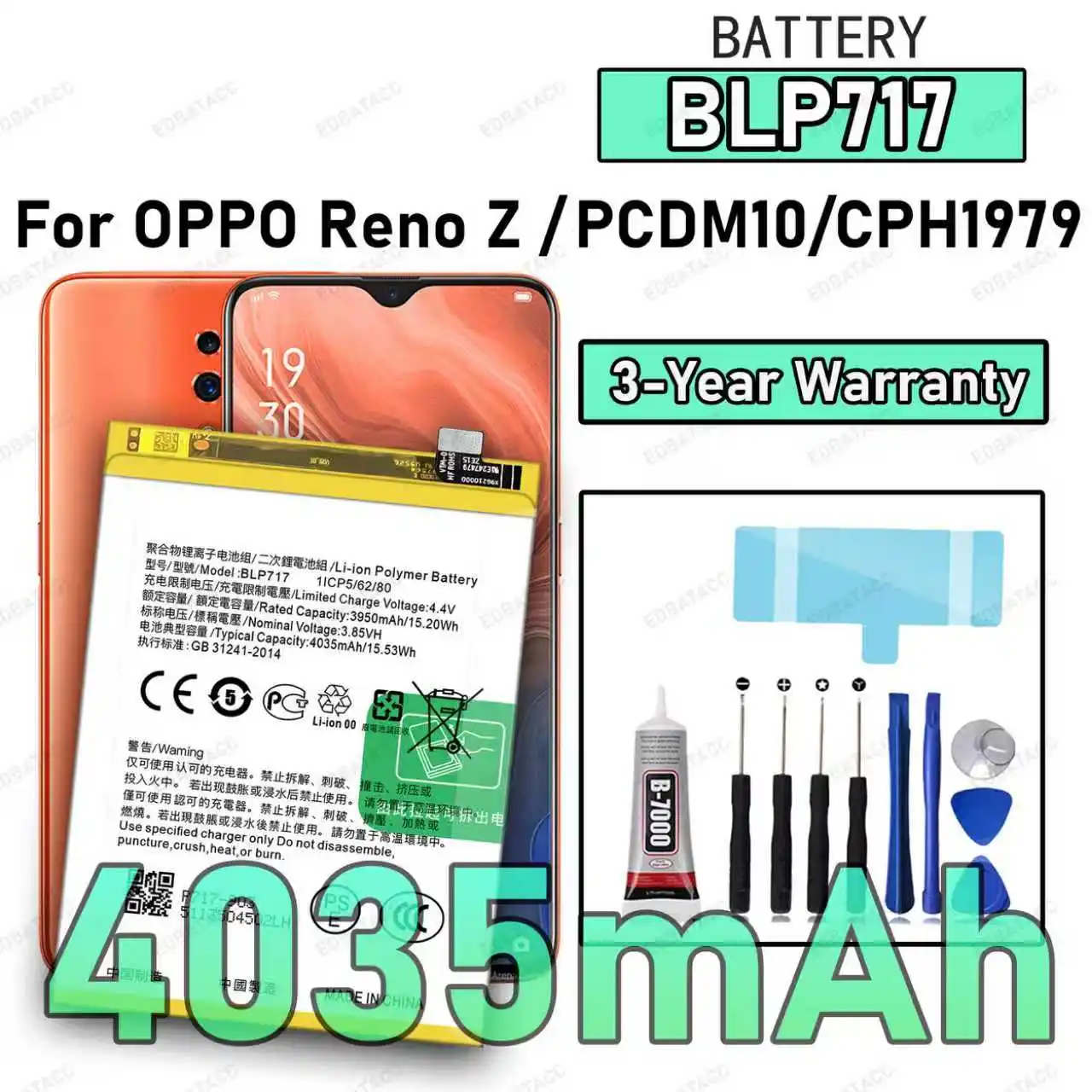 

100% New High Capacity BLP717 Battery For OPPO RENO Z/PCDM10/CPH1979 Replacement batteries +Free Tools