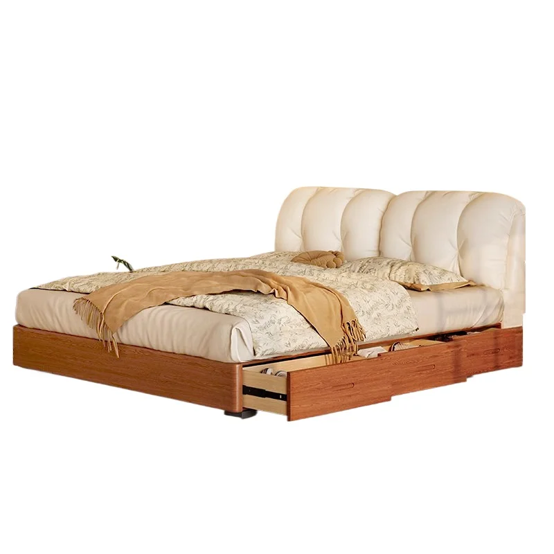 Cama nube, bolsa suave de cuero retro con cajón de almacenamiento, dormitorio principal, minimalista italiano, doble de madera de fresno