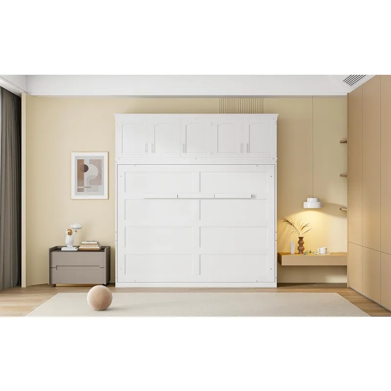 سرير مورفي كامل مع خزانة ملابس وأدراج، خزانة قابلة للطي باللون الأبيض