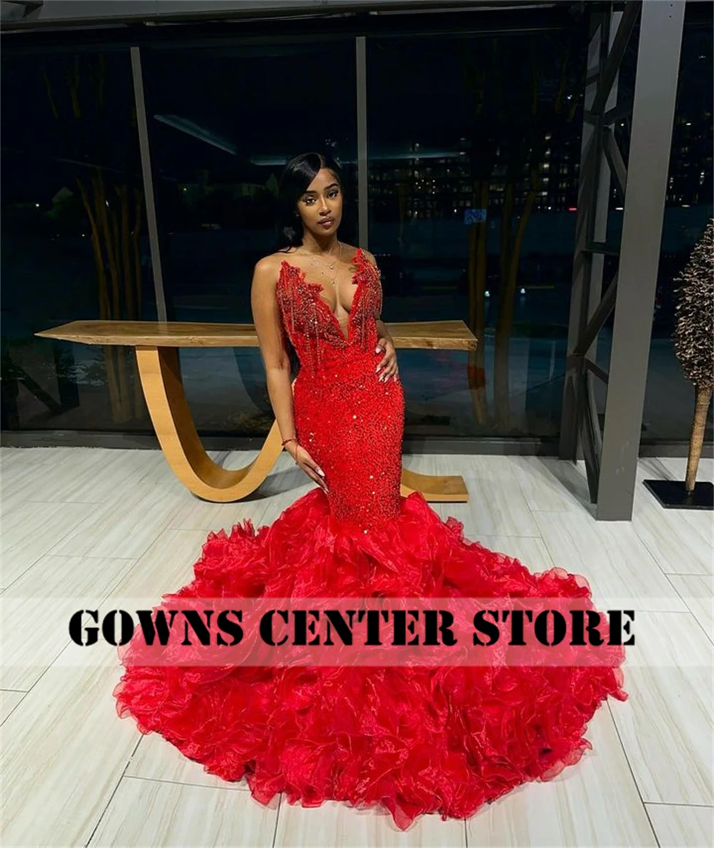 Hand Make Crystal Tassels Red Sweetheart Luxury Prom Dresses Black Girls Baddie Dresses For Birthday African vestidos Customized