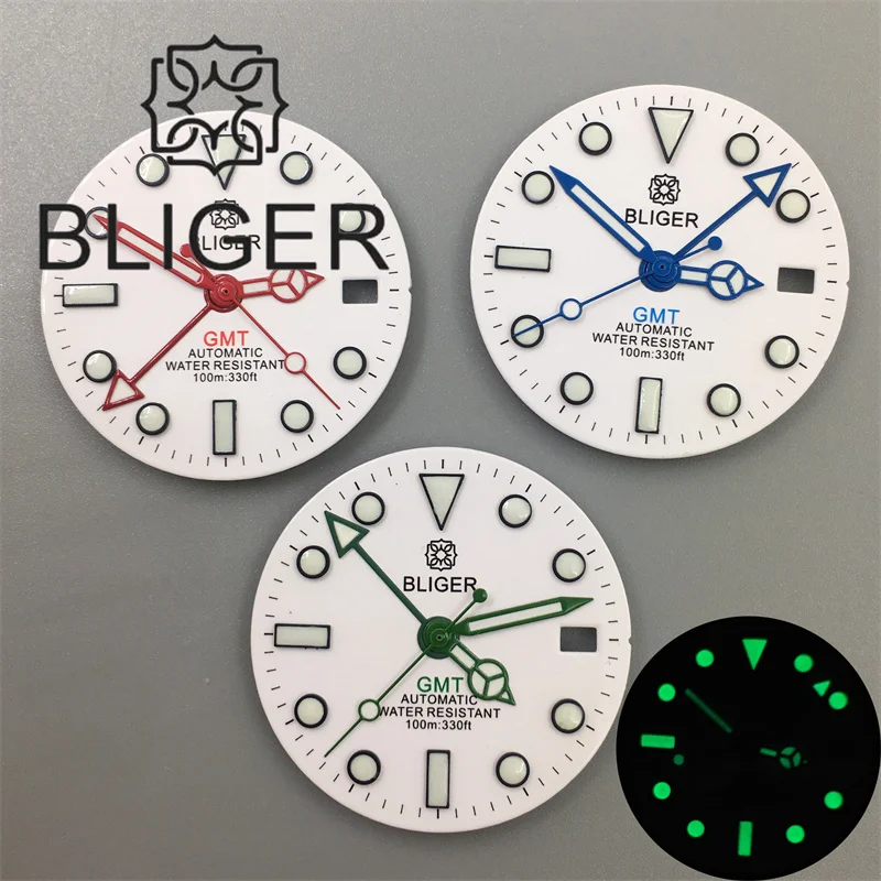 BLIGER 29mm White GMT Watch Dial With Hands Set Red Blue Green GMT Text Black Edge Time Marks Fit NH34 Watches Replacement Parts