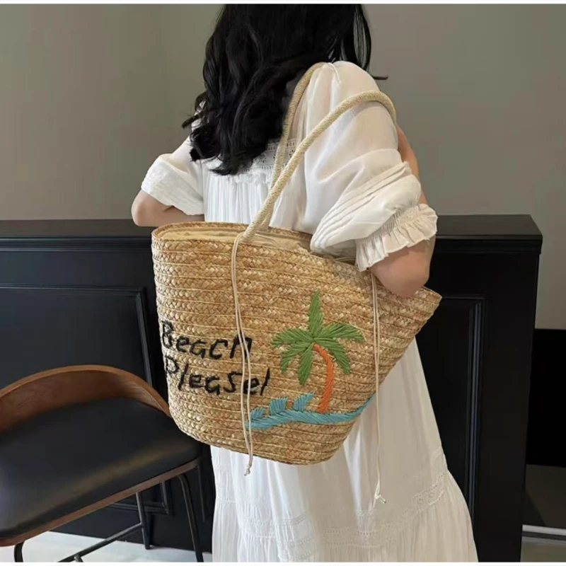 Kokosnuss-Stickerei Strohgewebte Strandtasche, Große Kirsch-Tragetasche, Damen Sommer Casual Urlaubstasche mit Schriftzug – Detail 8